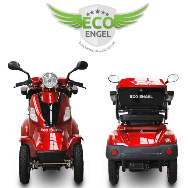 Seniorenmobil Eco Engel 510 Rot 25 km h 1000 Watt Vierradroller Vorder und Rückansicht